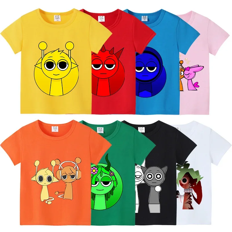 Sprunki Summer T-Shirt New Cute Cartoon Girls Boys Tops Women Men Clothing Adult Printing Anime Figure Colore Tee Family Clothes