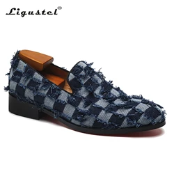 Ligustel Men Shoes Fashion Designer Denim Casual Shoes Male Formal Red Bottom Loafer Blue Shoes for Men with Free Shipping