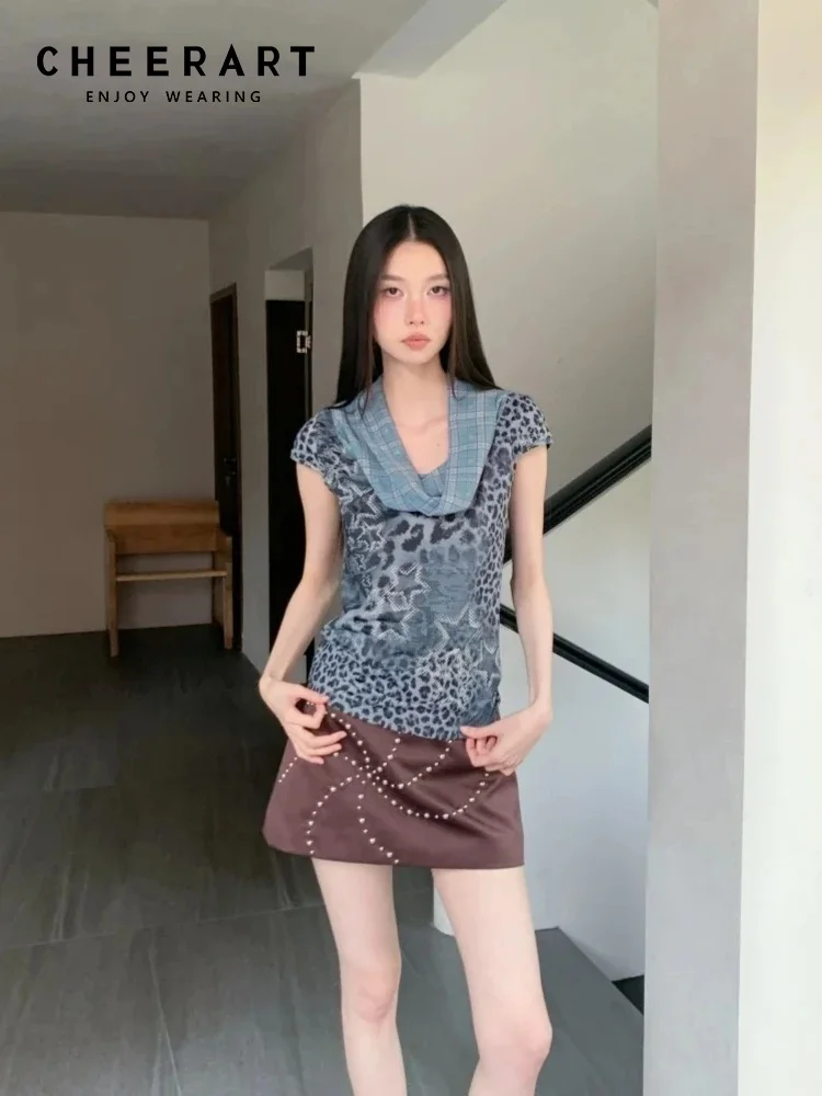 

CHEERART Leopard Print Shawl Collar Blouse For Woman 2025 Designer Summer Top Plaid Short Sleeve Top Fashion Clothing