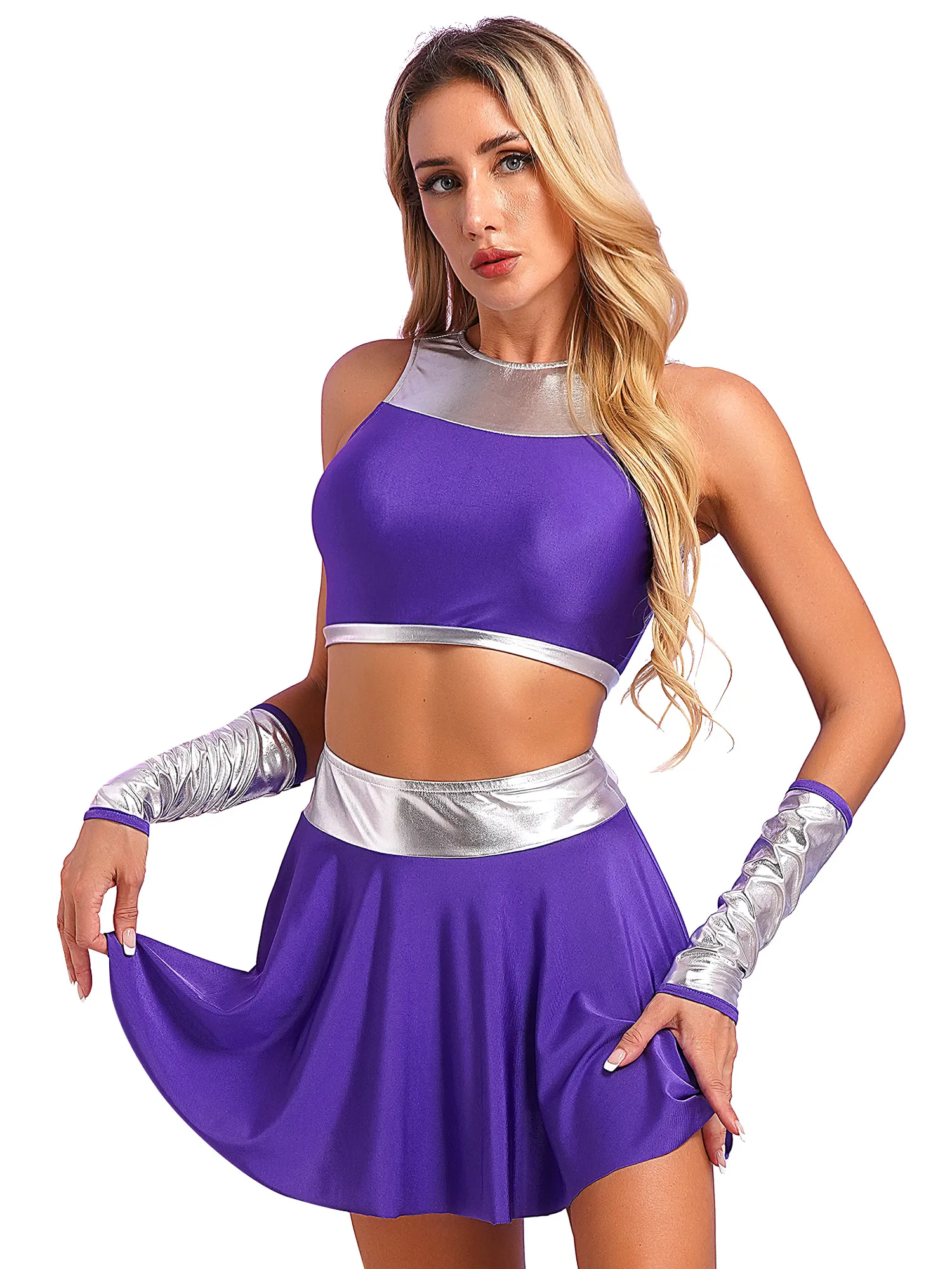 Womens Halloween Anime Cosplay Costume 3Pcs Purple Outfits Cheerleading Uniform Crop Top with Skirts And Gloves Sets Fancy Dress