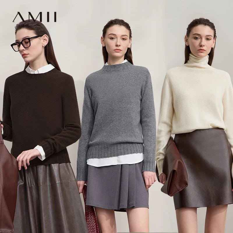 AMII Women's Sweater 100% Wool 2025 Autumn New  Long Sleeve Tops Solid Loose Casual Versatile Sweaters Women's Clothing 12513012