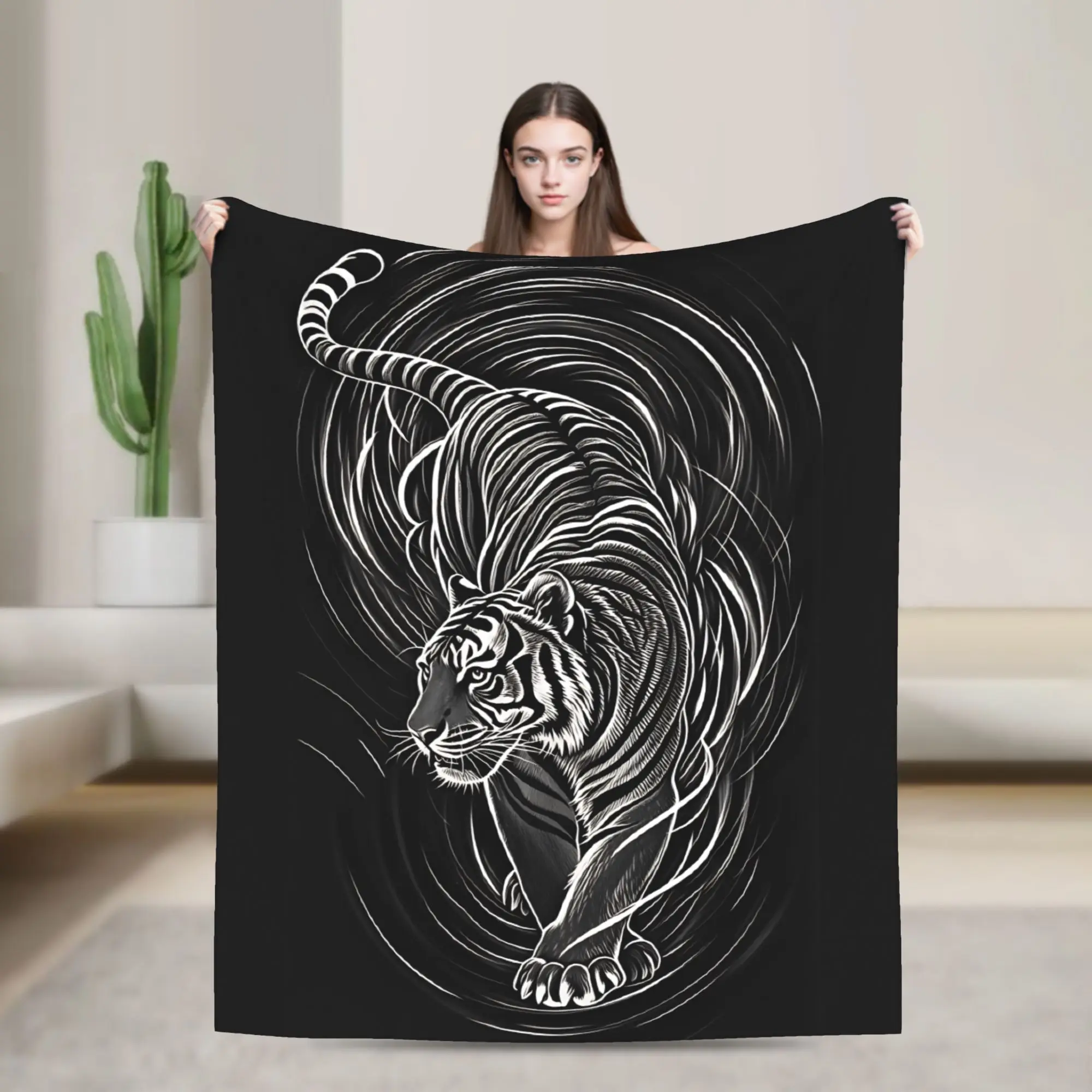 Crouching Tiger Swirl Line Black White Art Blanket Girl  Flannel Throw Blanket For Chair Sofa Bed Comfortable Custom Bedspread