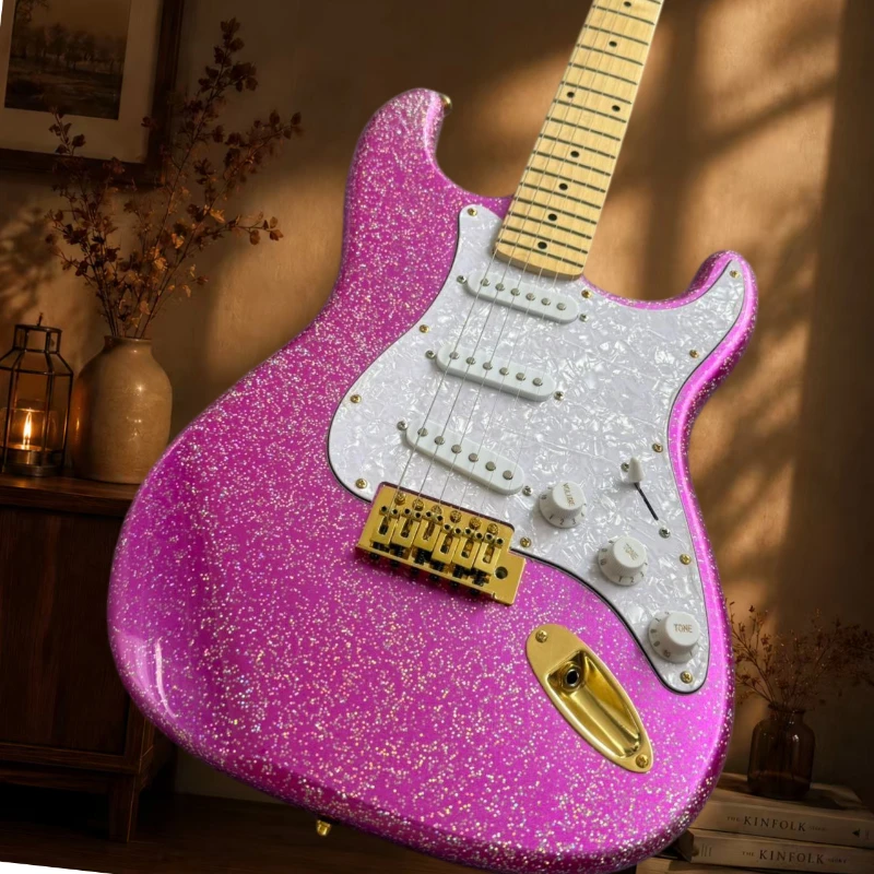Pink Sparkle ST0S Electric Guitar SSS Pickups White Pearl Pickguard Maple Neck Gold Hardware Guitar Free Delivery