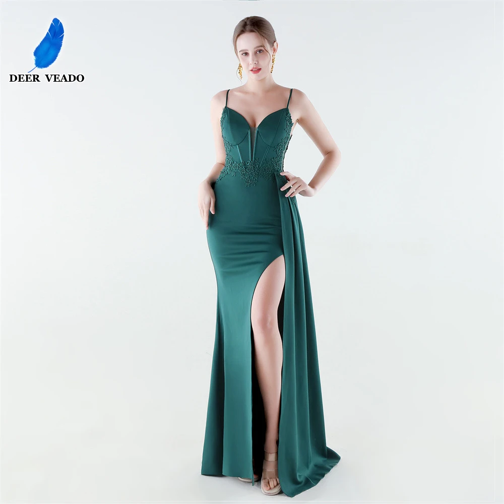 

DEERVEADO 10 Colors Mermaid Slit Strap Evening Dresses Woman Elegant Formal Occasion Dress with Appliques Prom Party Maxi Dress