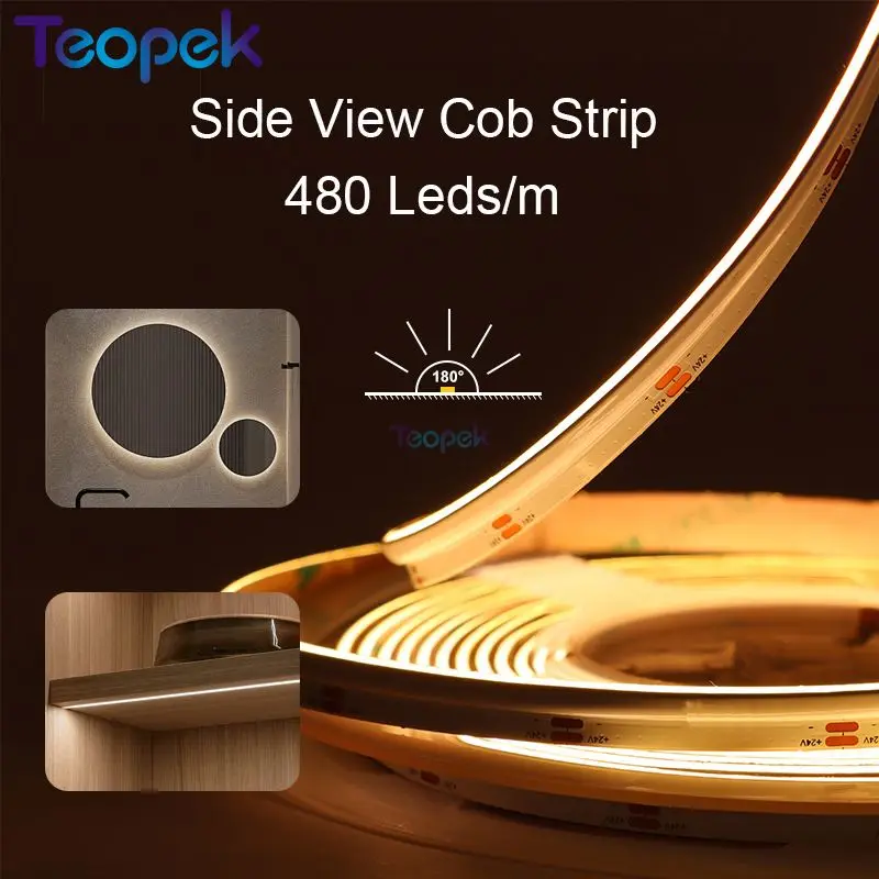 5m Side View COB LED Strip 480 Leds/m 3000K 4000K 6000K Cuttable DC24V Neon Light Tape 90RA 8MM PCB