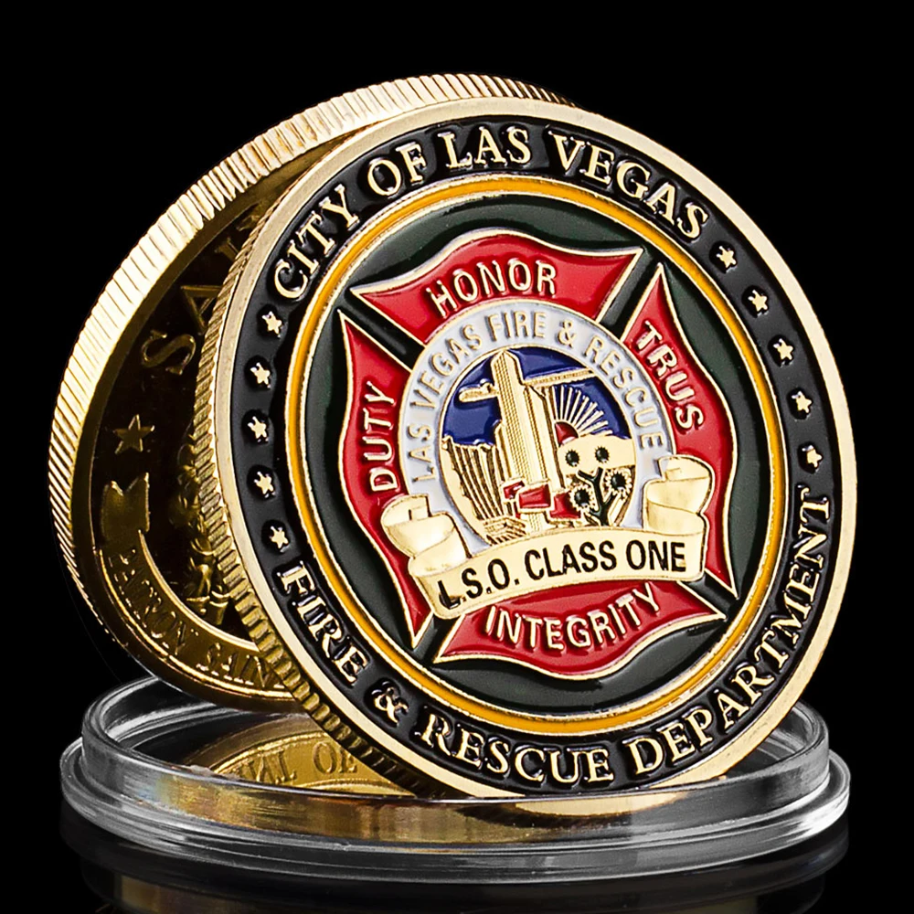 US City of Las Vegas Fire&Rescue Department Gold Plated Coin Patron Saint of Firefighters Commemorative Coin