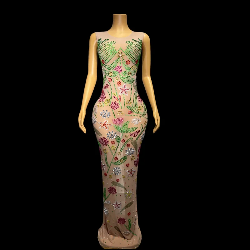 Colorful Flowers Rhinestones Nude Transparent Mesh Long Dress Birthday Celebrate Dress High Neck Party Outfit Dance youhua