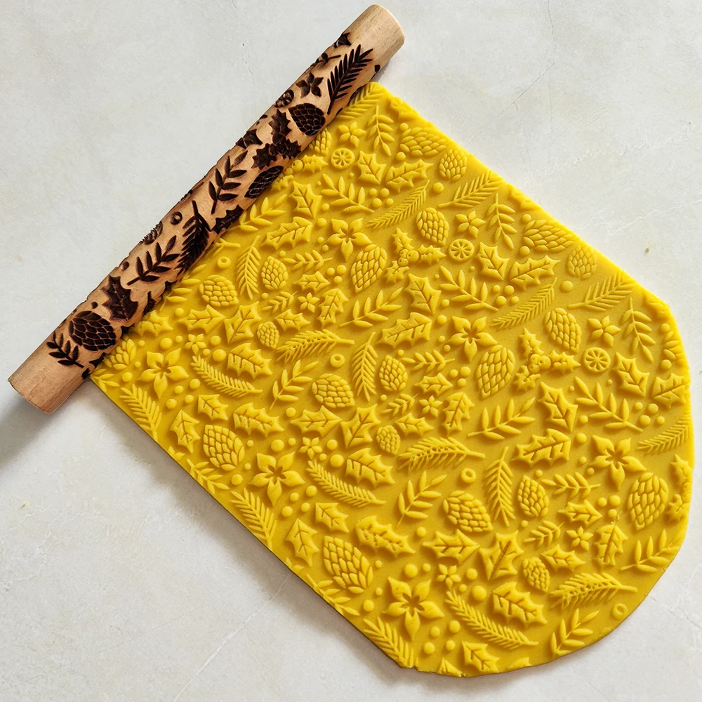 Pinecone-木製のエンボス加工された3D麺棒,天然のレックスアキシフォリウムデザイン,ベーキング生地,クッキー用