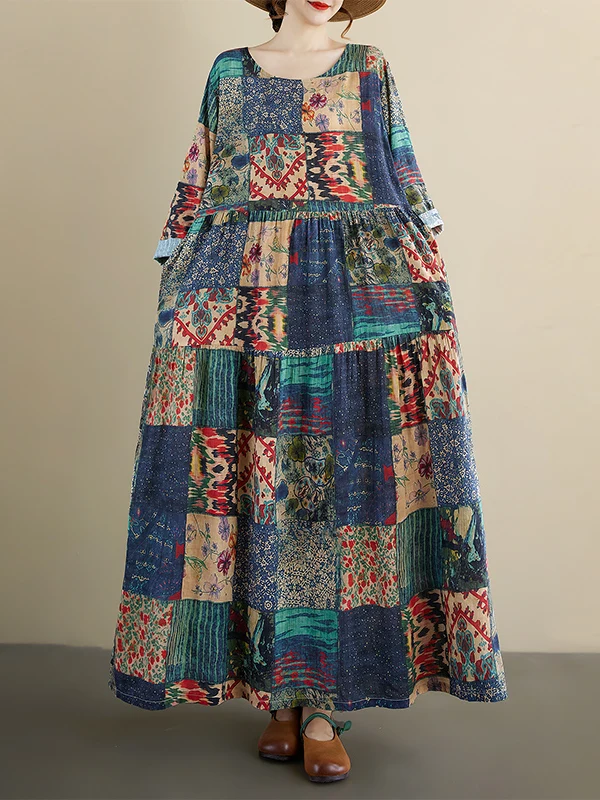 الخريف منقوشة طويلة Sve جولة Ne فضفاض ألف خط الدكتور الكتان القطن ميدي تنورة خمر Sle Ci المشي مناسبة لمتوسطة العمر...