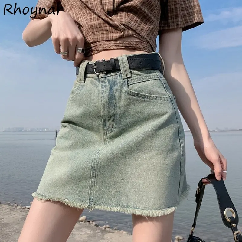 Mini Skirts Women American Style Bleached Retro Denim Summer High Waist Basic Frayed A-line Hotsweet Daily Vacation College Chic