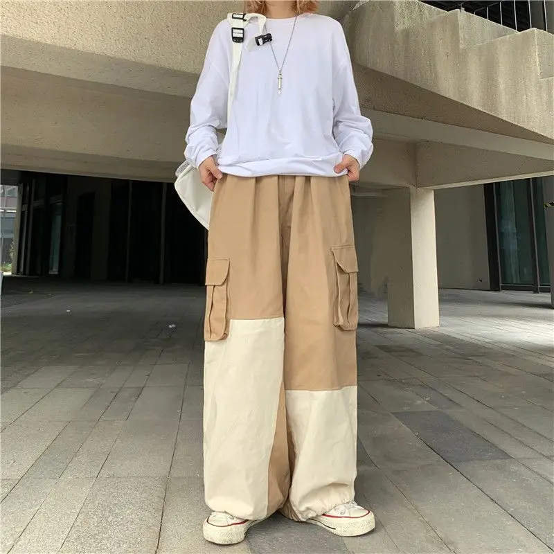 Korean version ins street Japanese style retro contrasting color splicing leg casual pants overalls trousers for men and women