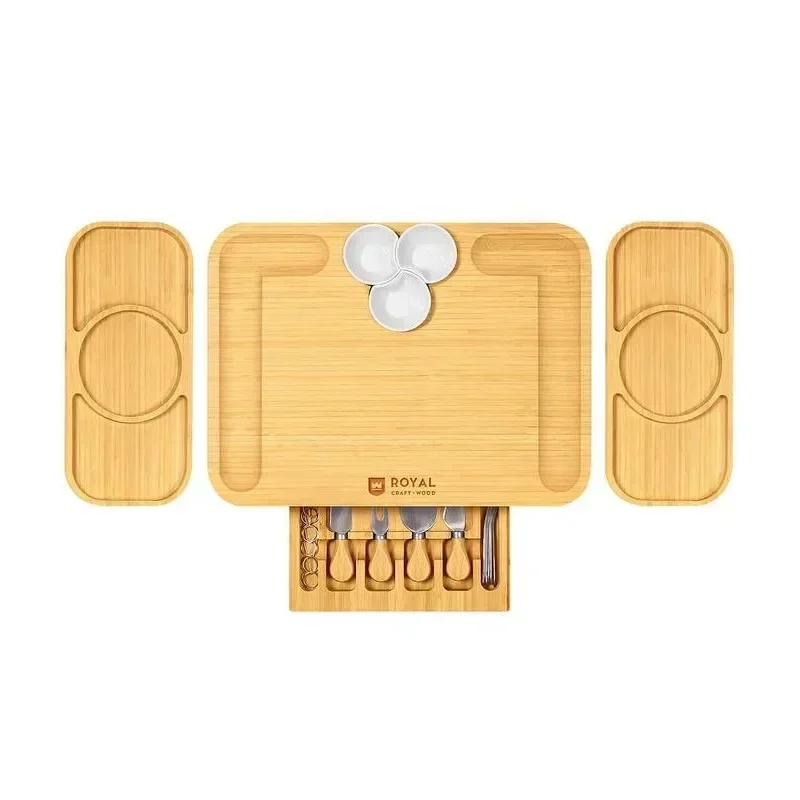 New Charcuterie Cheese Board with Cutlery Knives Set –  Bamboo Wooden Cheese Platter for Serving with Bowls & Side Trays