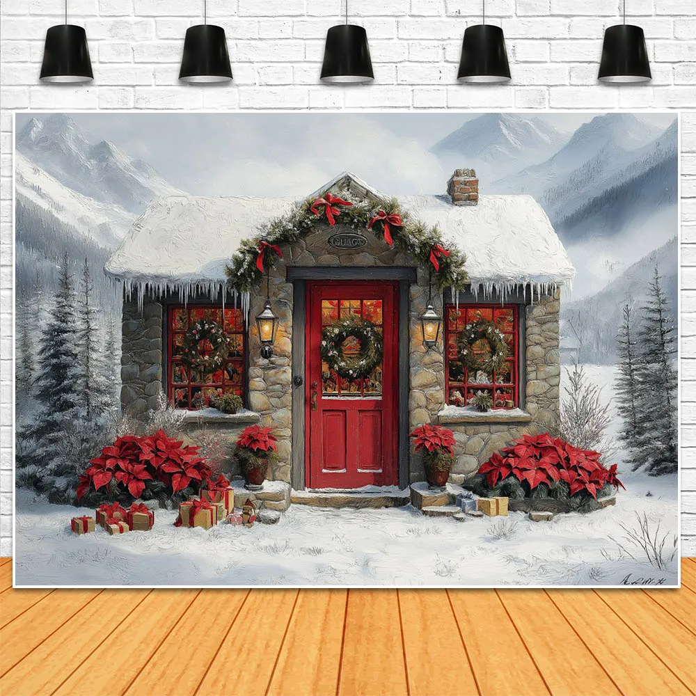 Mocsicka Winter Christmas Backdrop for Photography Snow Mountain Xmas Wooden House Outdoor Forest Portrait Photo Background Prop