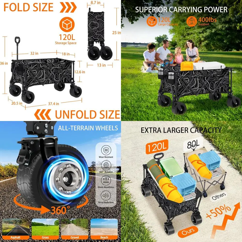 

Foldable Utility Wagon with Big Wheels, 400lbs Capacity, All-Terrain Cart for Camping, Sports, Shopping