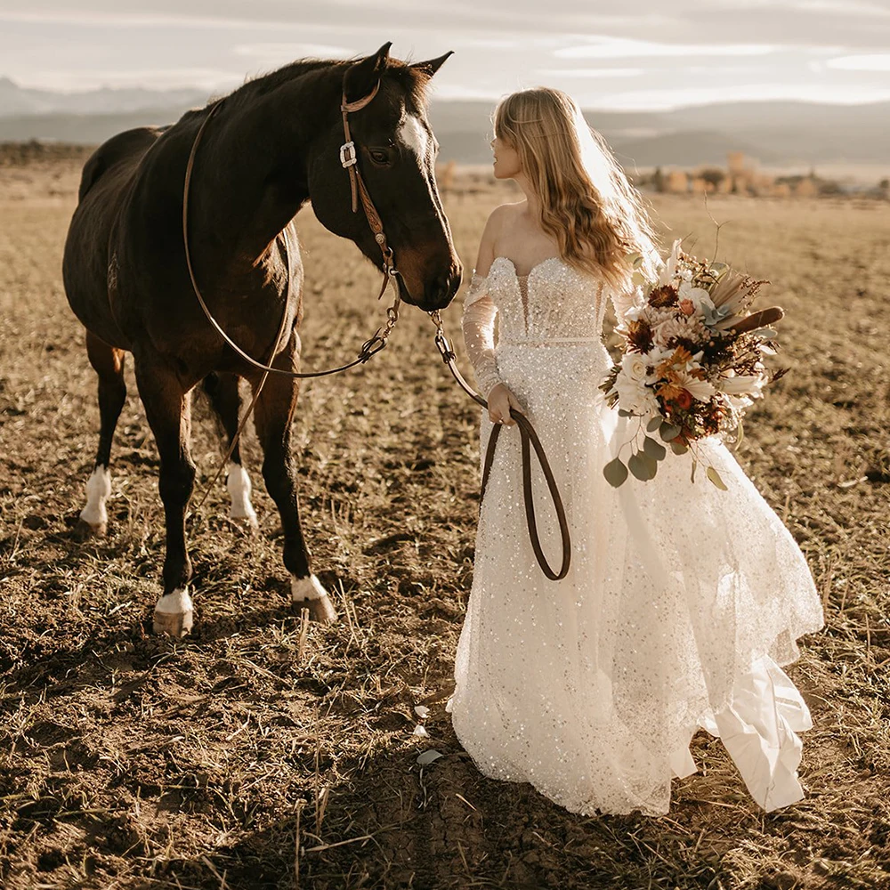 Robe de Mariée de Luxe à Manches sulfet Paillettes, Vêtement de Patients de Ligne A avec Perles Lourdes et Paillettes