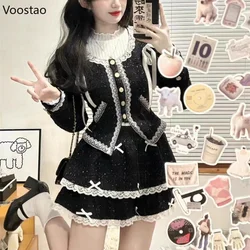 Autumn Elegant Black Skirt Sets Women Sweet Chic Blouse Lace Ruffles Jackets Mini Cake Skirts Suit Korean Female Gothic Outfits