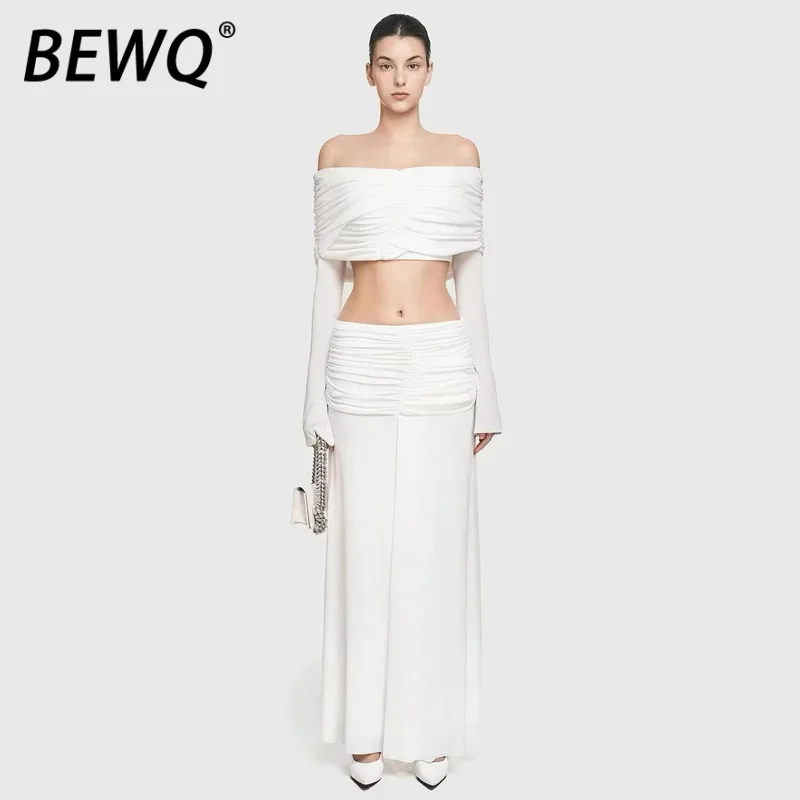 

BEWQ Strapless Skirt Long Pleated Waist Sleeve Loose Set Suit Tops Pcs Short Fashion 2 Women's Evening Party 2026 Spring New