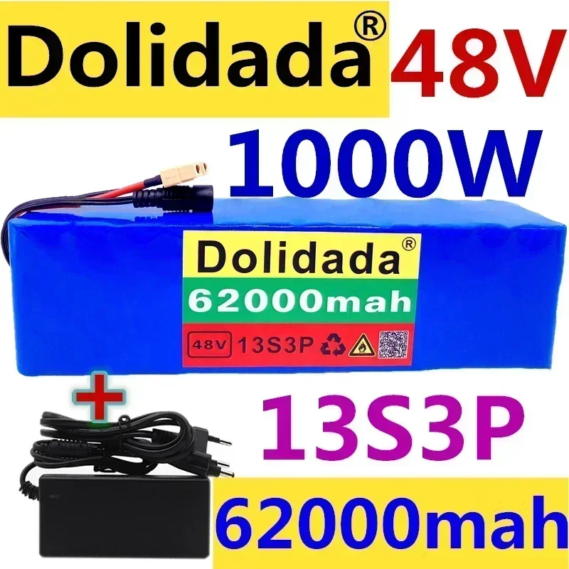 

XT60 Plug 48V62Ah 1000w 13S3P 48V Lithium ion Battery Pack For 54.6v E-bike Electric bicycle Scooter with BMS+54.6V Charger