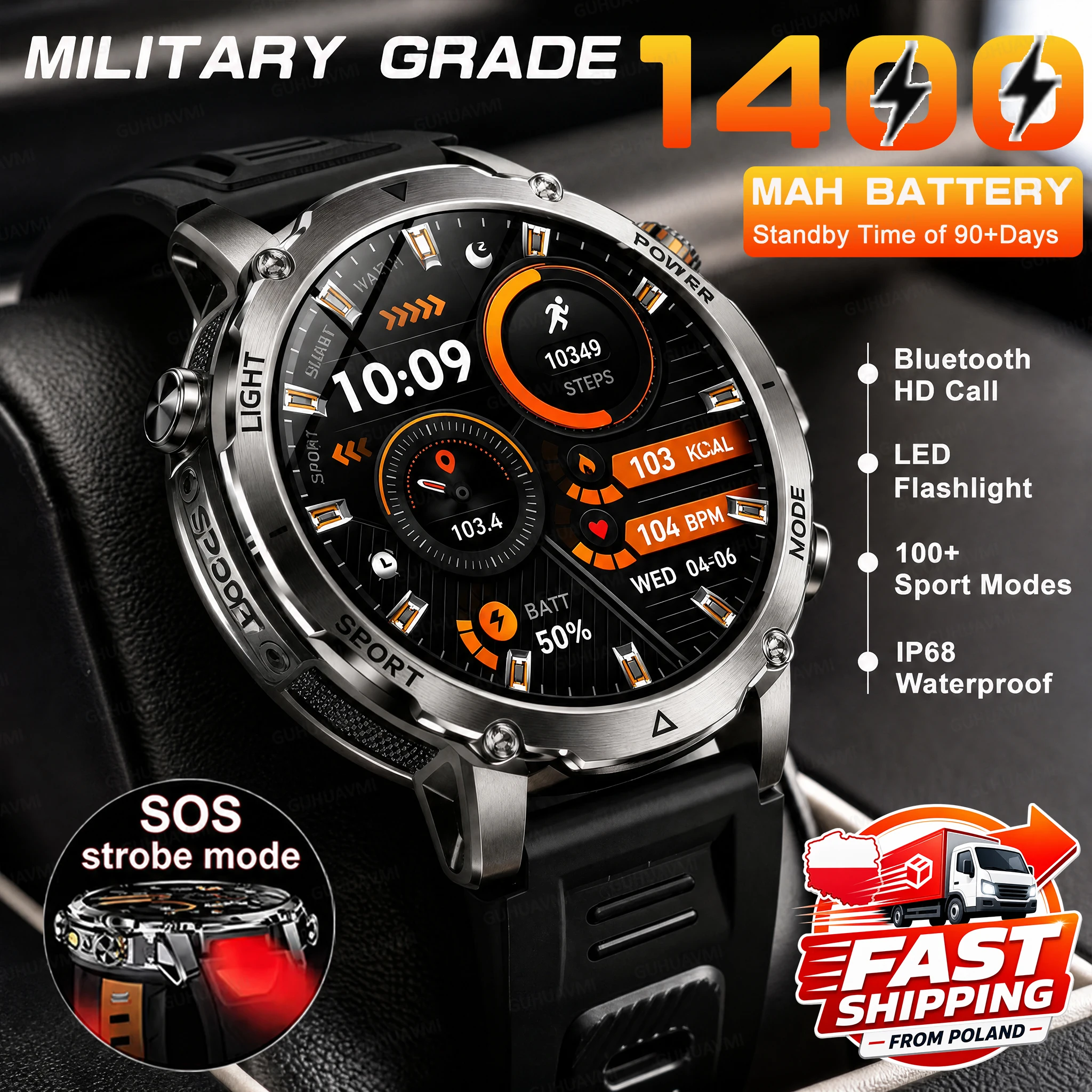 NOUVEAU Outdoor Tactics Smart Watch 1.7 "écran AMOLED intégré 1400 nAh batterie militaire SOS rouge lumière blanche LED lampe de poche IP68 imperméable HD appel fitness montre d'exercice