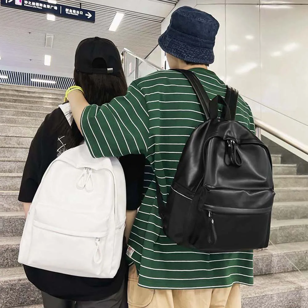 Daypack PU Leather Backpack Solid Color Large Capacity Student School Bag Adjustable Straps Portable Unisex Couple Backpack