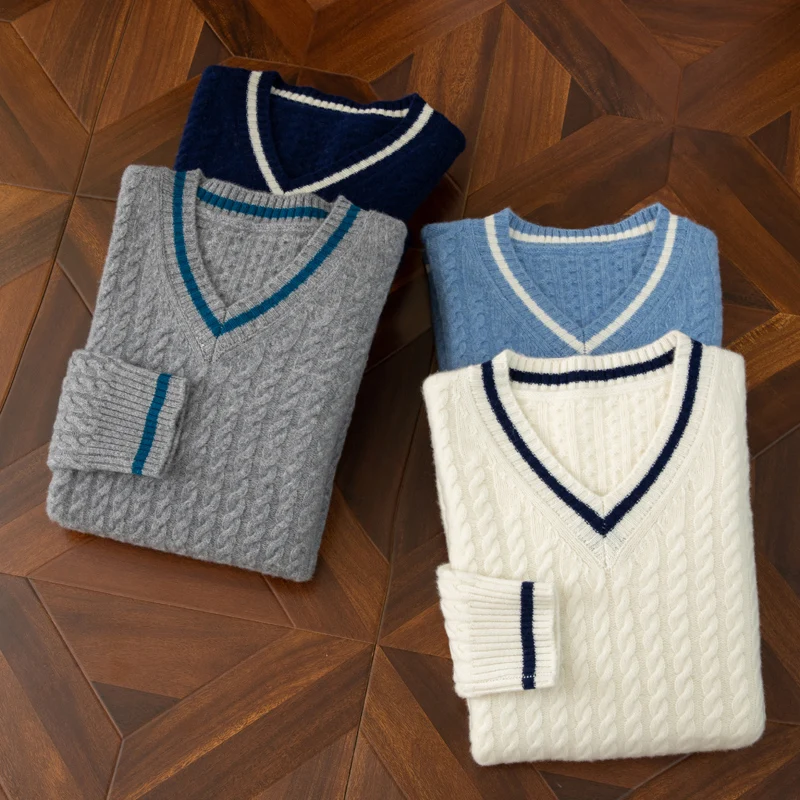 Autumn And Winter Cashmere V-neck Pullover Sweater Men's Coat Padded Wool Splicing Twist Casual Business Loose Bottoming Shirt