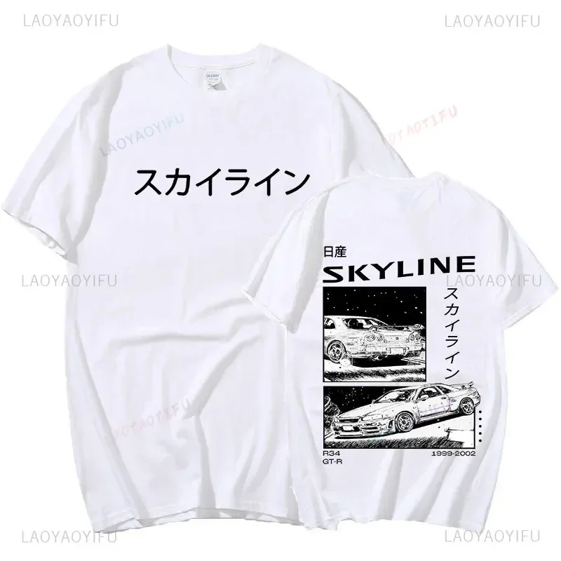 Anime Drift AE86 Initial D Double-Sided 100% Cotton Man Tshirt O Neck Short Sleeve Casual Unisex R34 Skyline GTR JDM Manga Tops