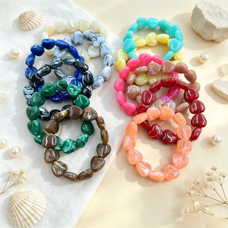Fashion Colorful Heart Beaded Bracelets Retro Cute Women Jewelry Gift Simple Stackable Bangles Valentine Gift