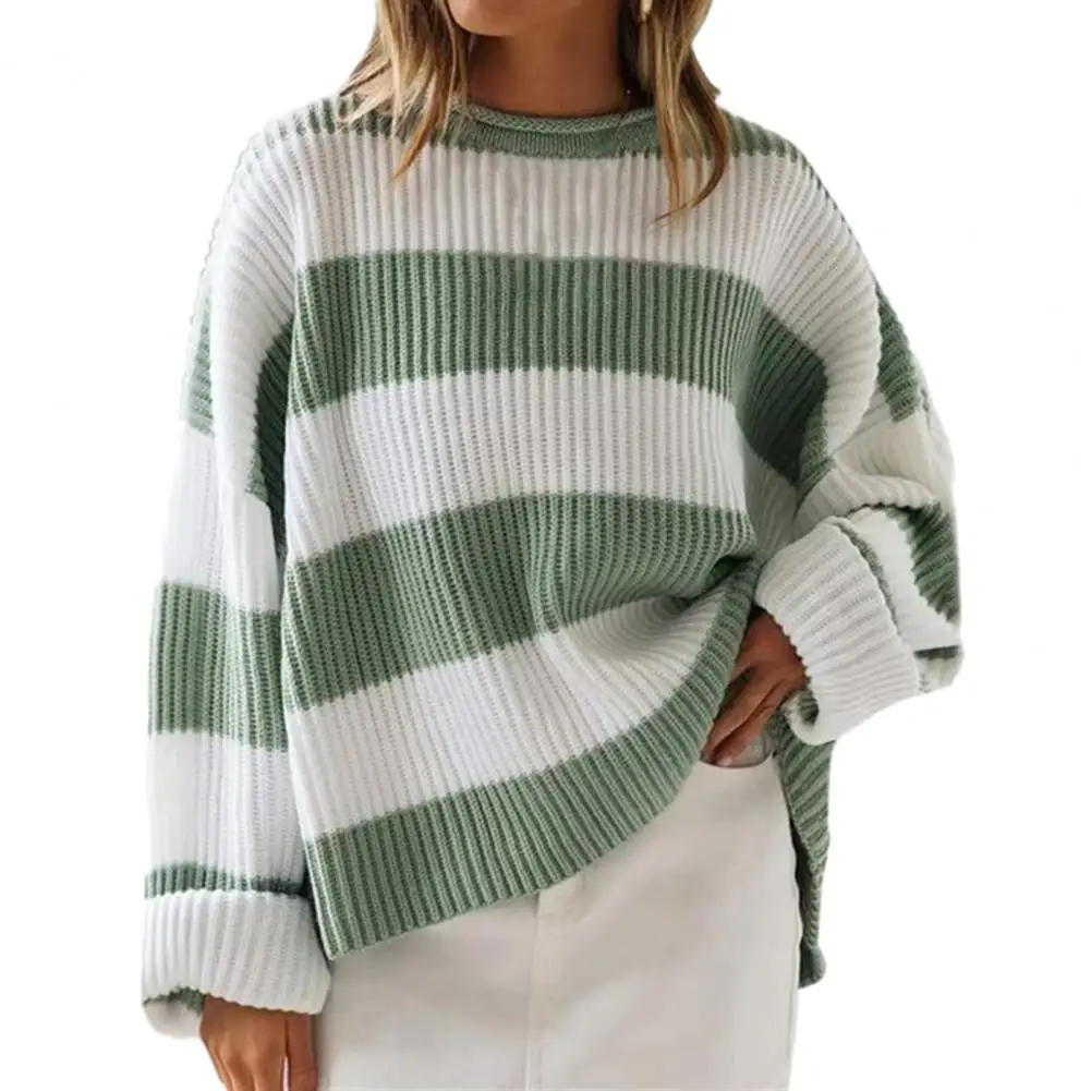 Color Matching Women Sweater Cozy Colorblock Knitted Women's Sweater for Fall Winter Thick Warm Pullover with Round Neck Long