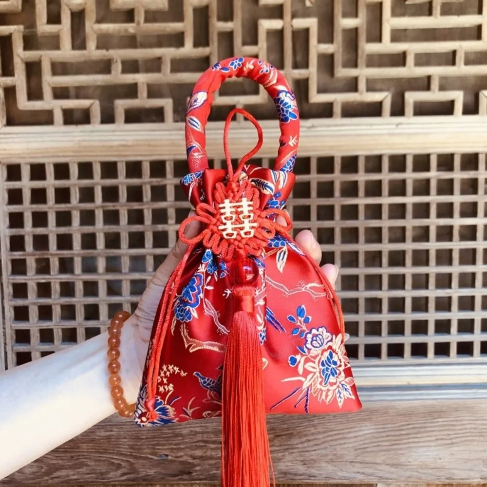 Chinese Style Canvas Flower Drawstring Bag Dragon Bird Festive Sugar Bag Phoenix Wrist Bag Chinese Knot Tassel Handbag Festival