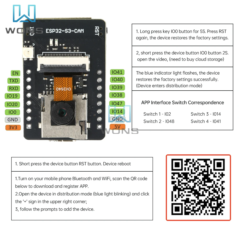 ESP32-S3-CAM WIFI Bluetooth Development Board with Ov2640 Camera N16R8 Version Type C Interface