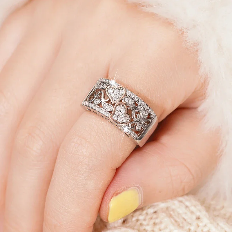 Huitan Unique Design Double Heart Two Tone Rings Women for Engagement Wedding Gorgeous Brilliant CZ Rings Luxury Trendy Jewelry