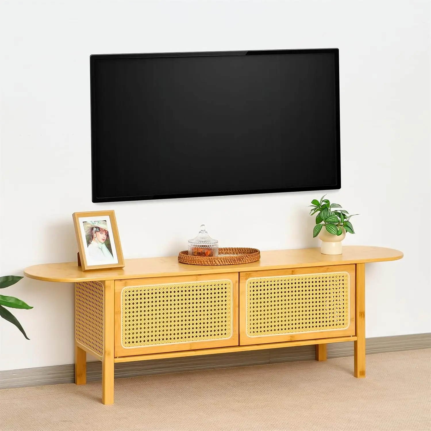 

Bamboo TV Stand for TVs up to 65", Entertainment Center with Storage, Media Console Table with Rattan Door, Customized