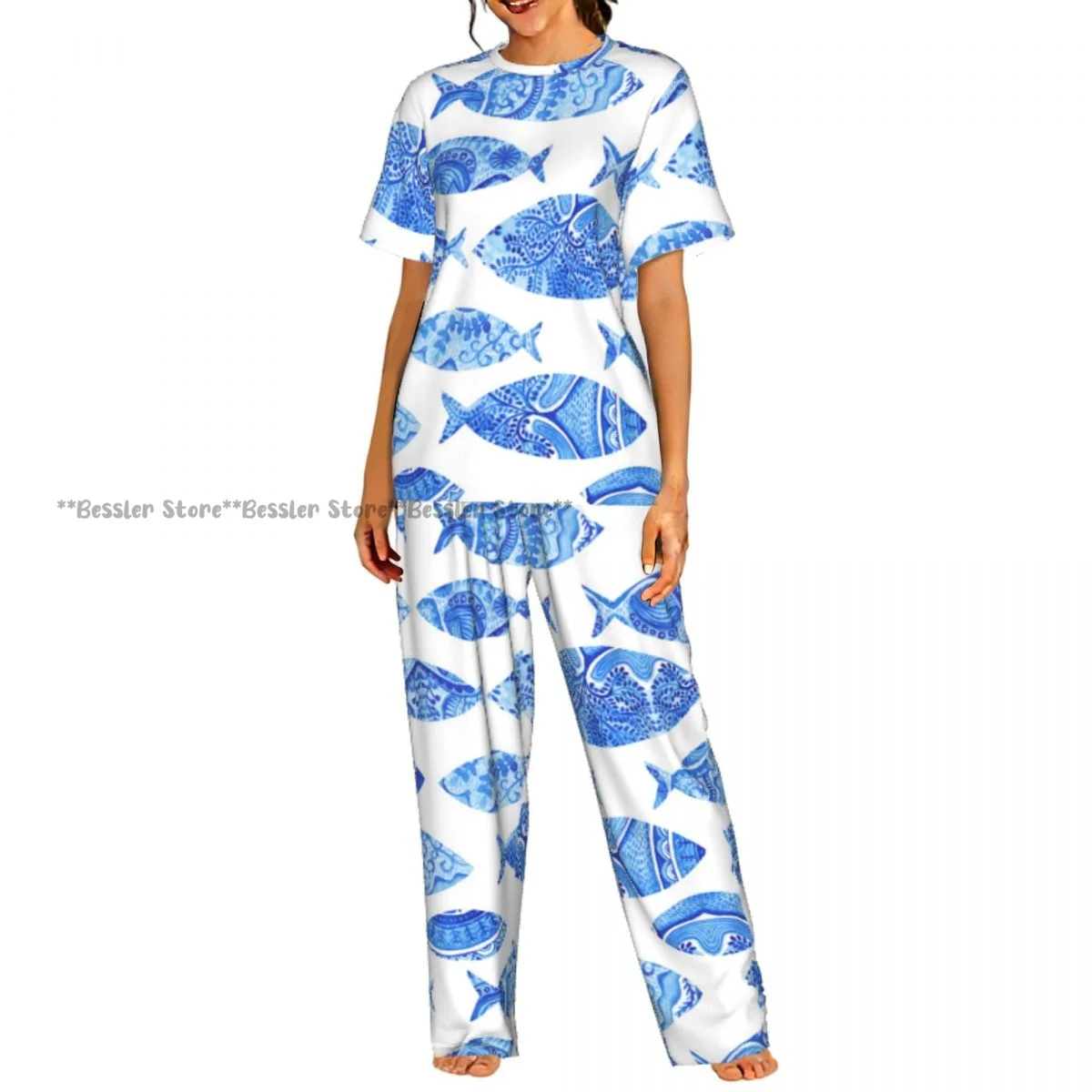 

Женские пижамные комплекты для дома и сна с мозаичным узором в виде рыб и морских животных, с коротким рукавом, ночная одежда