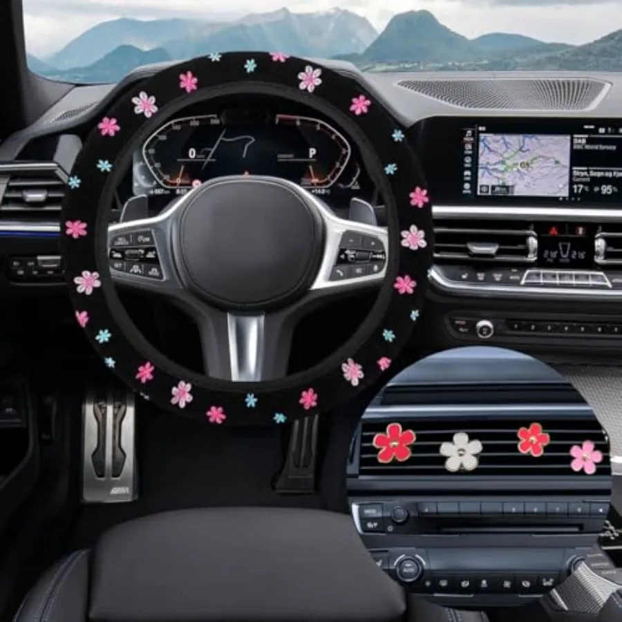 

Cute Embroidery Flower Steering Wheel Cover, Non-Slip Floral Steering Wheel Protector with 4 PCS Flowers Car Air Vent Clips, Un