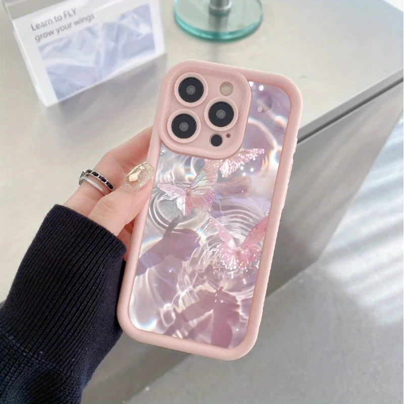

Pink water ripple butterfly phone case for iPhone 17 16 15 14 13 12 11 Pro/ Max/Plus shock-proof rear cover anti-fingerprint