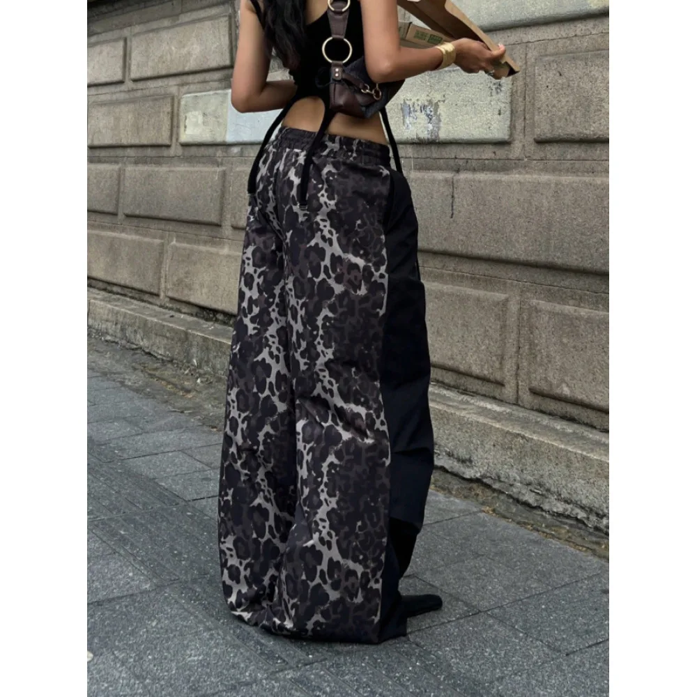 2026 European American Trendy High Waist Wide Leg Pants Jazz Dance Style Leopard Print Patchwork Casual Trousers