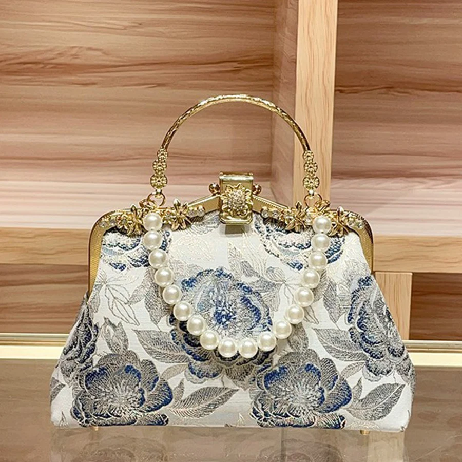 

Luxury Flower Crystal Evening Clutch Bag For Women Bride Wedding Pearl Chain Shoulder Bags Small Party Handbag Metal Handle Tote