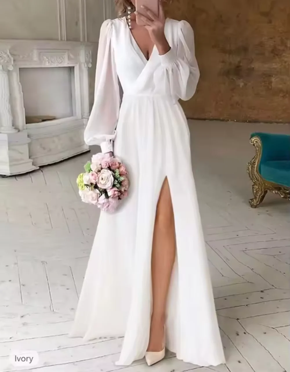 White Dresses Simple Wedding Dresses A-Line V Neck Long Sleeve Floor Length Chiffon Bridal Gowns With Ruched Customized Boho