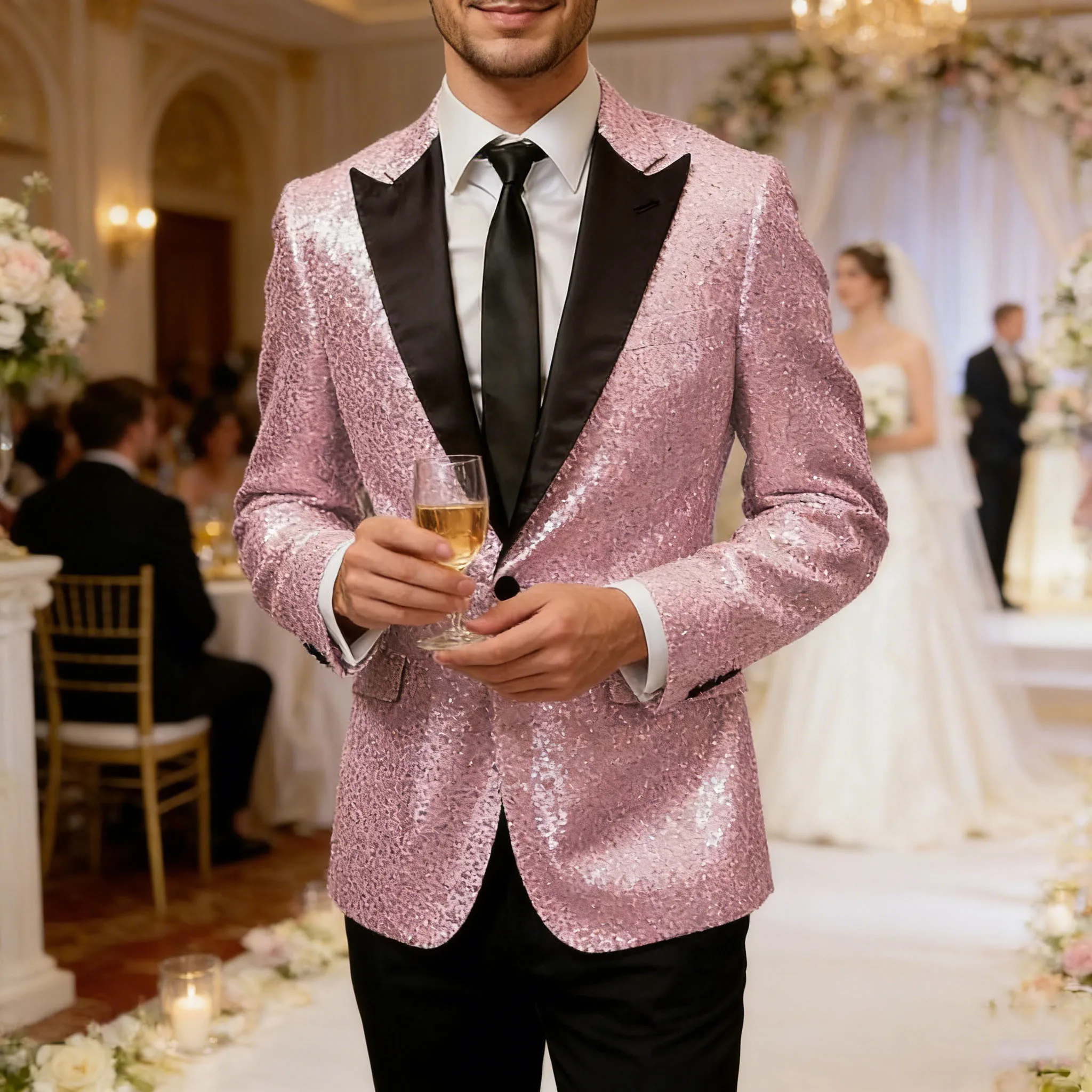 

Men's Sequins Tuxedo Jacket Slim Fit One Button Patchwork Peak Lapel Flap Pocket Shiny Fashion Blazer For Wedding Party Prom