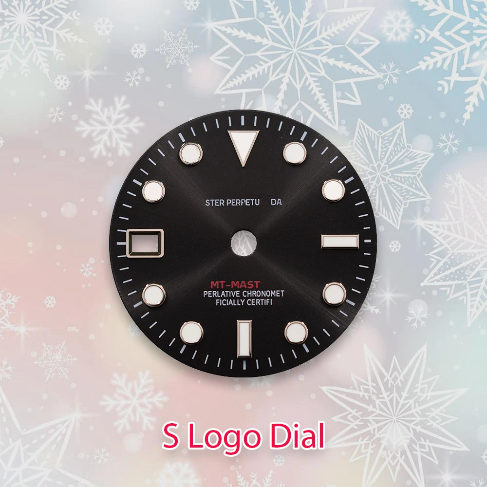 28.5mm Sロゴ NH34 GMT文字盤 9時位置カレンダー窓 NH34ムーブメント対応 アイスブルー夜光時計改造アクセサリー
