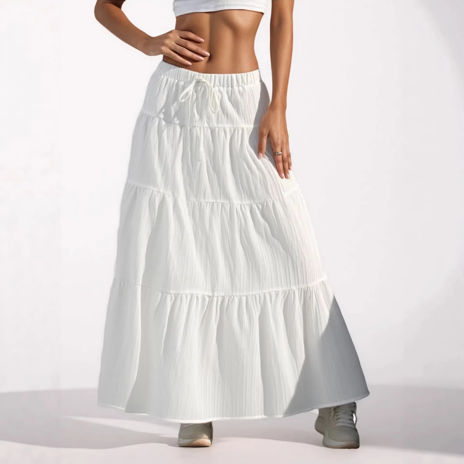 Elegant Loose Midi Skirt Women's New Arrival White Sweep Skirt Belted Chiffon Fabric Asymmetrical Hemline Fashionable Trend