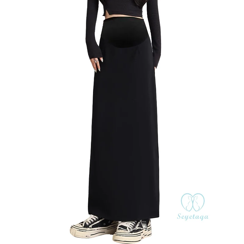 Back Splits Black Maternity Full Maxi Long Skirts 2024 Spring Casual Pencil Bottoms for Pregnant Women Elastic Waist Pregnancy