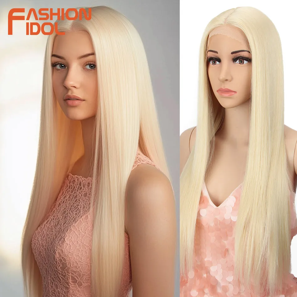 FASHION IDOL 26 Inch Long Straight Wigs Synthetic Lace Front Wigs For Women Ombre Blonde Cosplay Wigs Heat Resistant Fiber