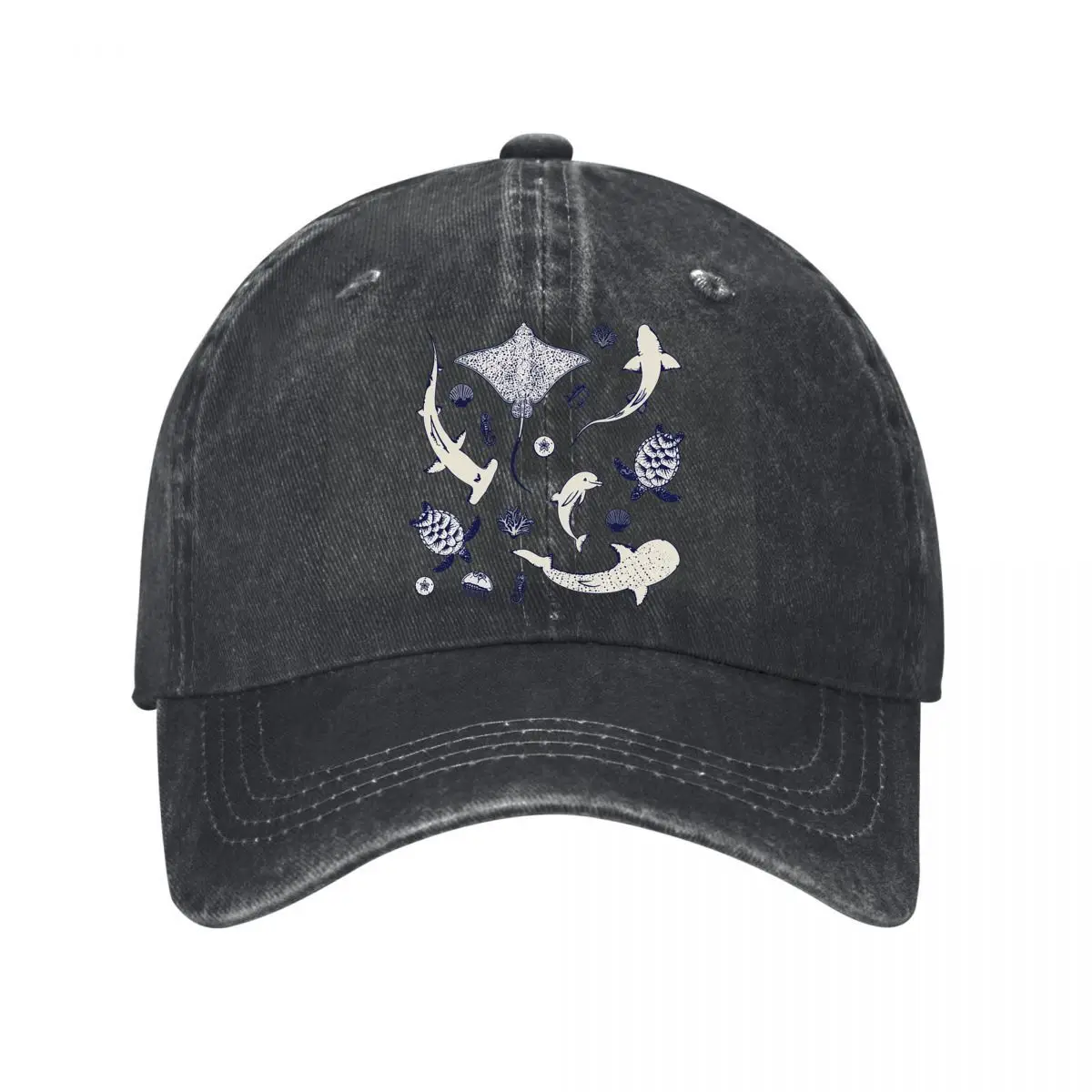 Ocean Marine Life Sharks Stingray Turtles Dolphin Seahorse Coral Washed Baseball Cap Outdoor Hat