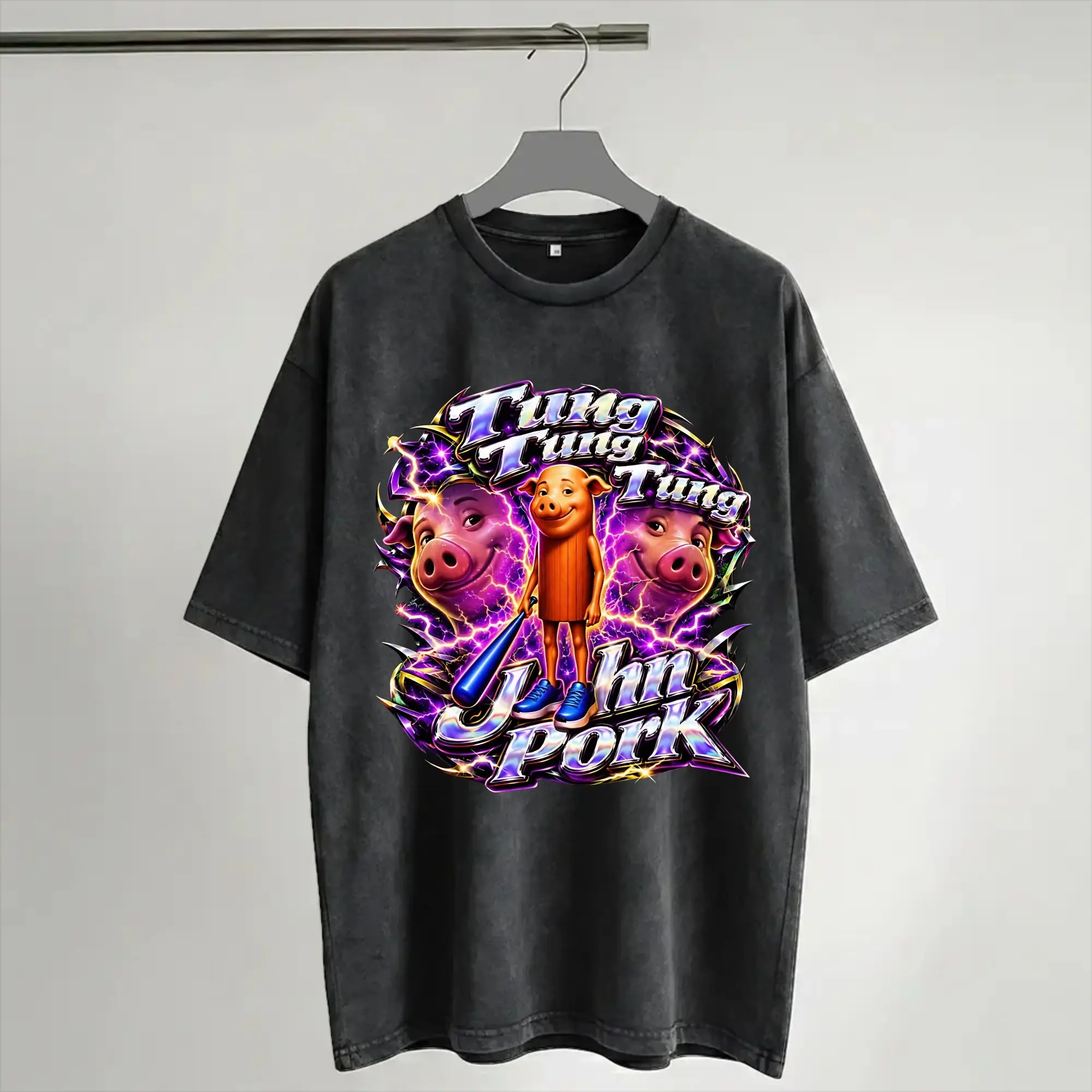 Tung Tung Tung John Pork is Calling Y2K Bootleg Dih Meme  T Shirt Hip Hop Washed Oversize T-Shirts Men Women Streetwear