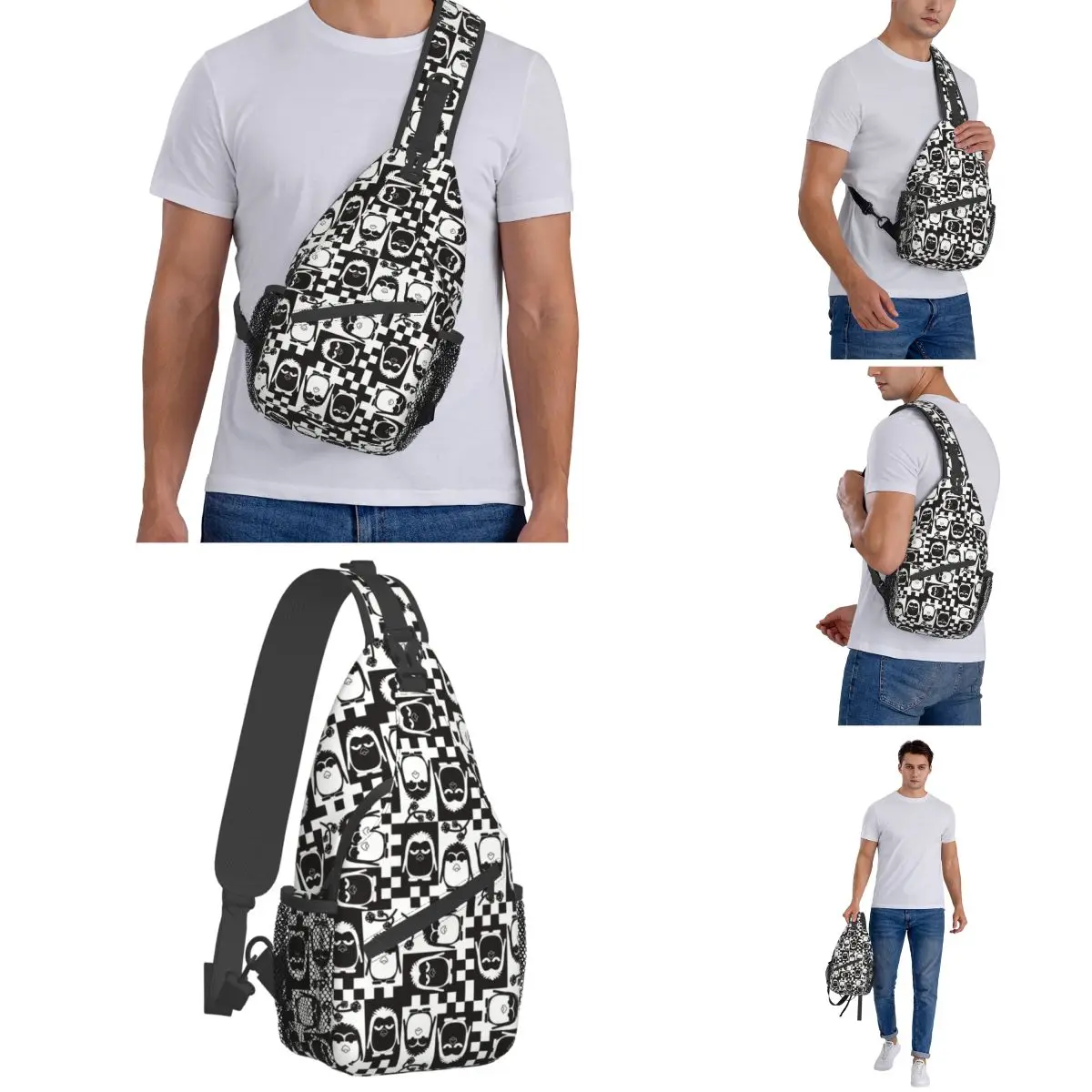 Mochila cruzada con diseño de pingüino y pájaro, bolso de pecho informal, mochila de hombro en blanco y negro, mochila de día para senderismo y ciclismo al aire libre