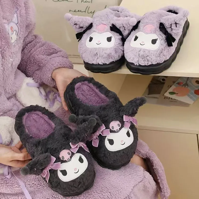 Sanurgente-Pantoufles en peluche rembourrées douces pour filles, Kuromi, Kawaii, mignonnes, chaussures décontractées pour chambre à coucher, étudiant, Noël, automne, hiver, nouveau