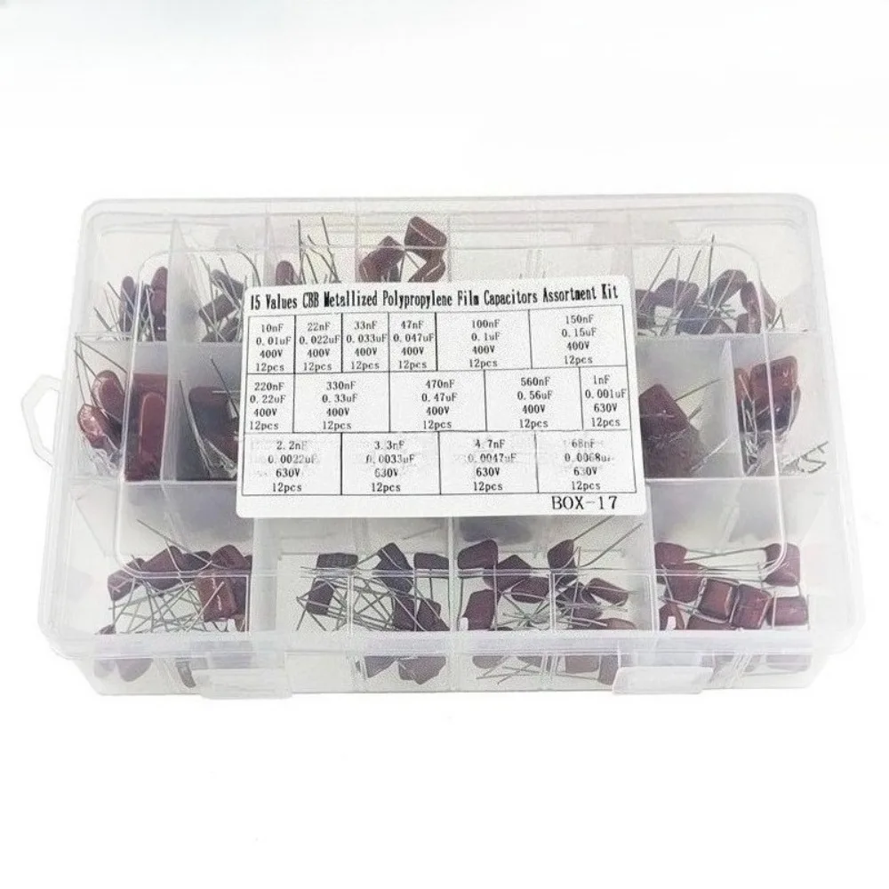CBB Film Capacitor 180Pcs 15 Values 400V 630V Radial Metalized Polypropylene Kit for Power Supply Snubber Circuit Arduino
