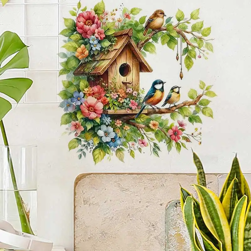 Removable PVC Bird House Flower Wall Stickers - Animal Wall Decals Art for Bedroom Living Room Decor AA267