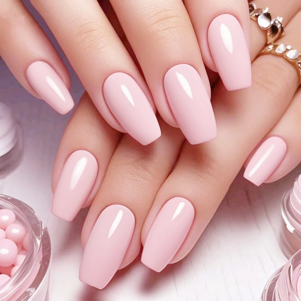 

48Pcs Shiny Lovely Pink Short Fake Nail With Glue Ballerina Coffin Shaped Press On False Nails For Woman DIY Manicure Kits